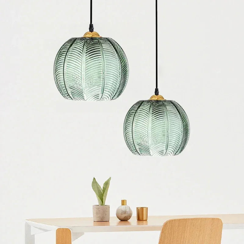 Boho Tropical Palm Leaf Glass Pendant Light – Elegant Kitchen Hanging Light Fixture with Adjustable Height