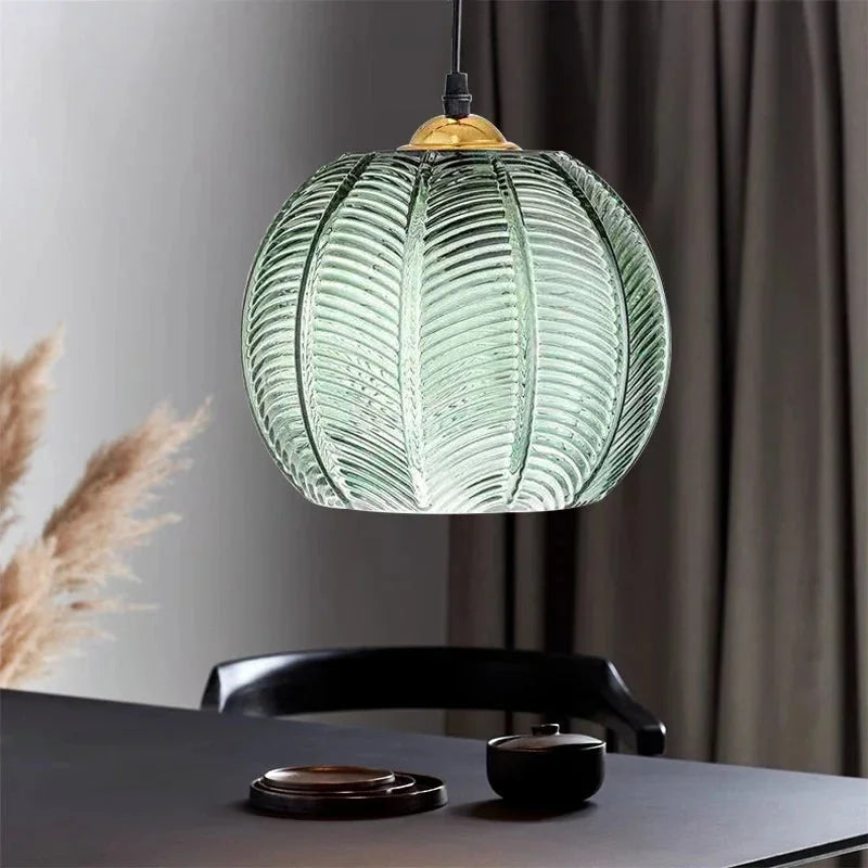 Boho Tropical Palm Leaf Glass Pendant Light – Elegant Kitchen Hanging Light Fixture with Adjustable Height