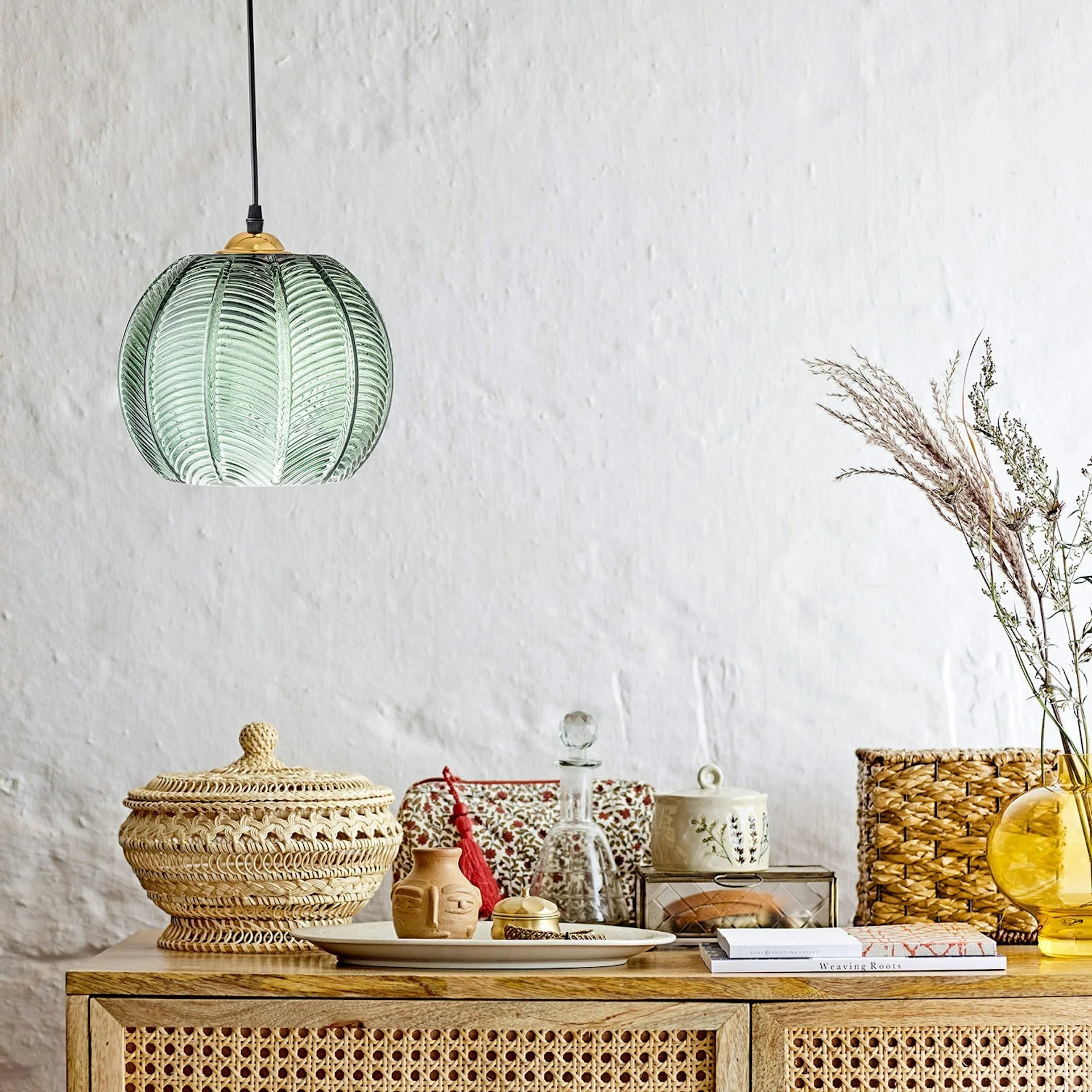 Boho Tropical Palm Leaf Glass Pendant Light – Elegant Kitchen Hanging Light Fixture with Adjustable Height