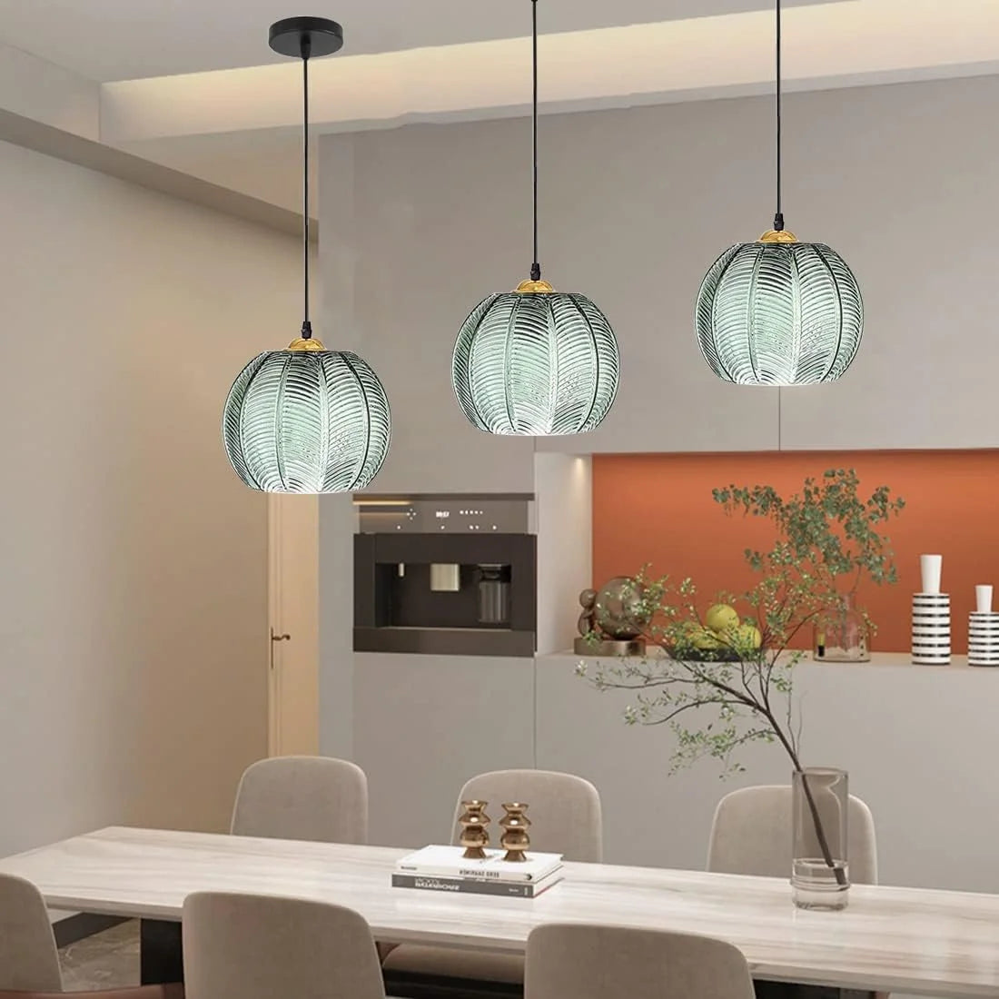 Boho Tropical Palm Leaf Glass Pendant Light – Elegant Kitchen Hanging Light Fixture with Adjustable Height
