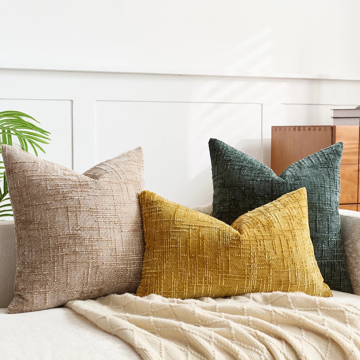 Chenille Decorative Cushion Cover with Bamboo Structure – Solid Color for Couch and Bedroom