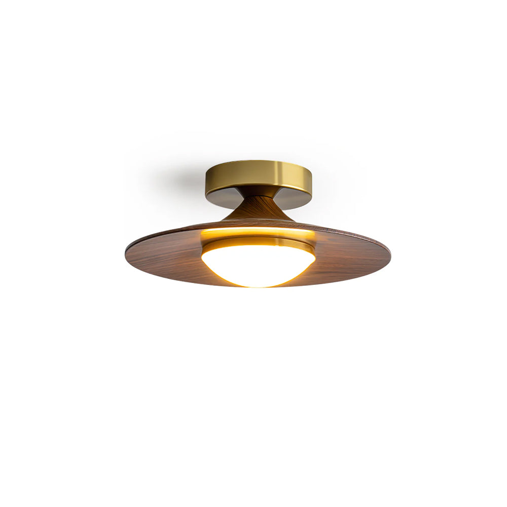 Contemporary Flush Mount Ceiling Light Fixture with Metal Frame and Wood Accent – 24cm Diameter LED Ceiling Lamp