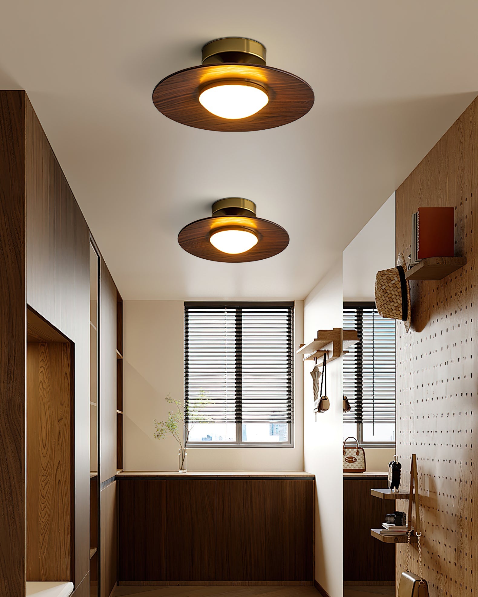 Contemporary Flush Mount Ceiling Light Fixture with Metal Frame and Wood Accent – 24cm Diameter LED Ceiling Lamp