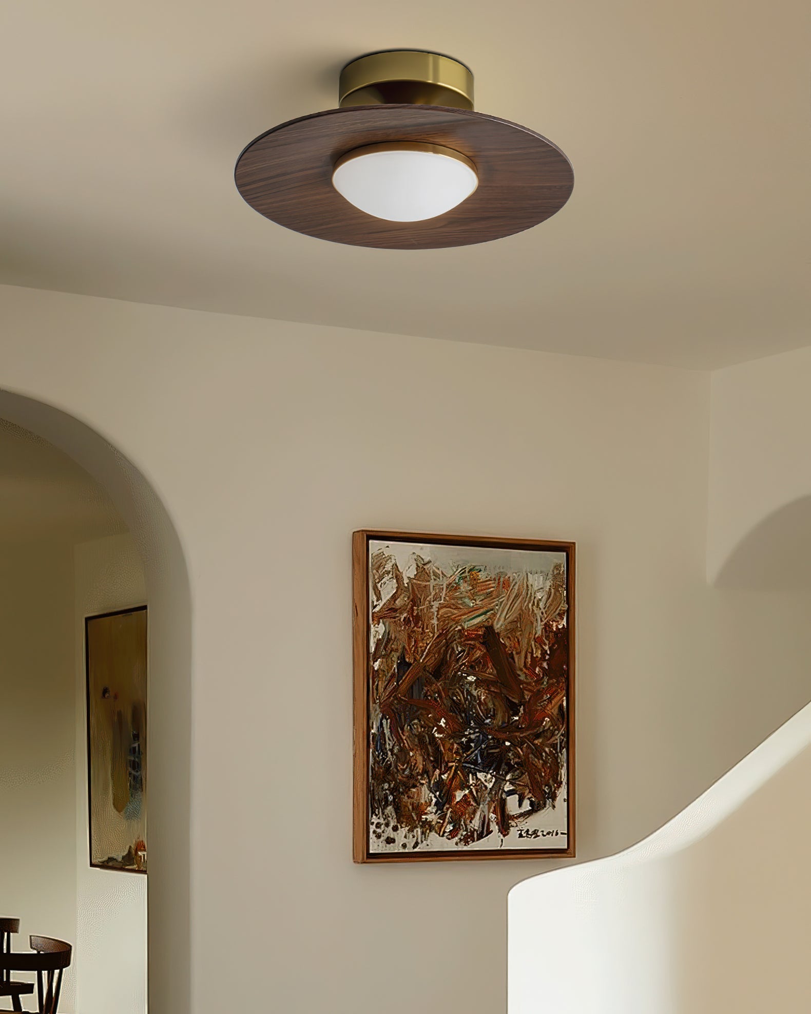 Contemporary Flush Mount Ceiling Light Fixture with Metal Frame and Wood Accent – 24cm Diameter LED Ceiling Lamp