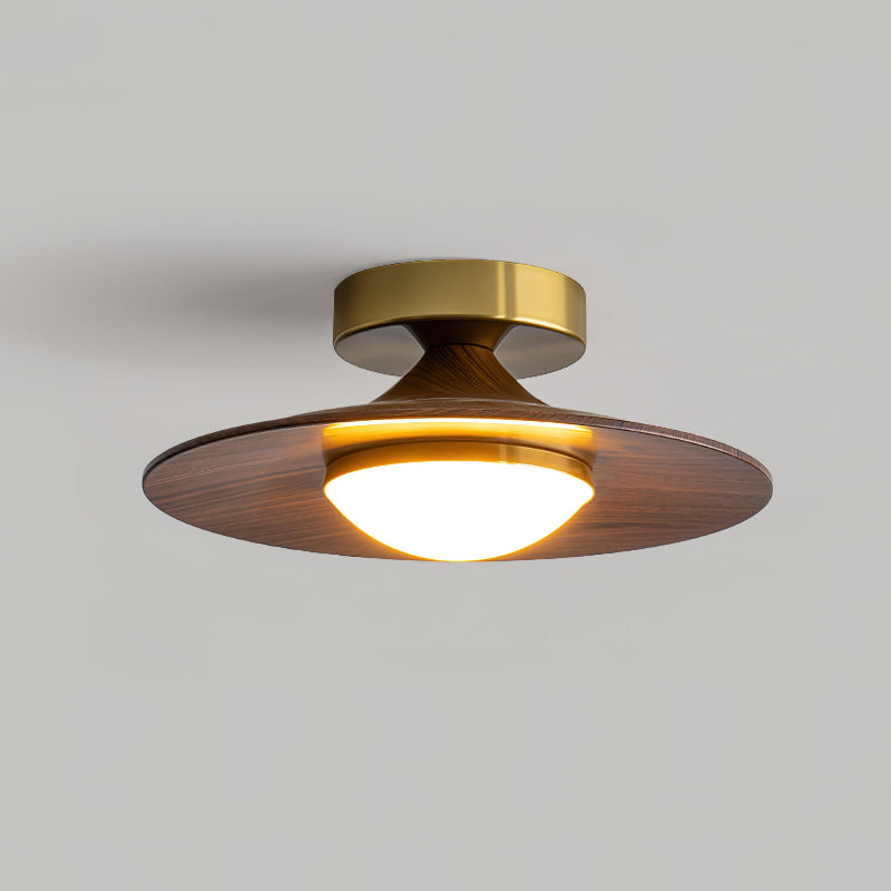 Contemporary Flush Mount Ceiling Light Fixture with Metal Frame and Wood Accent – 24cm Diameter LED Ceiling Lamp