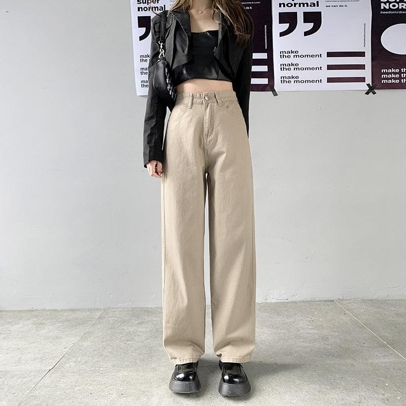 Cream High-Waisted Straight-Leg Denim Pants