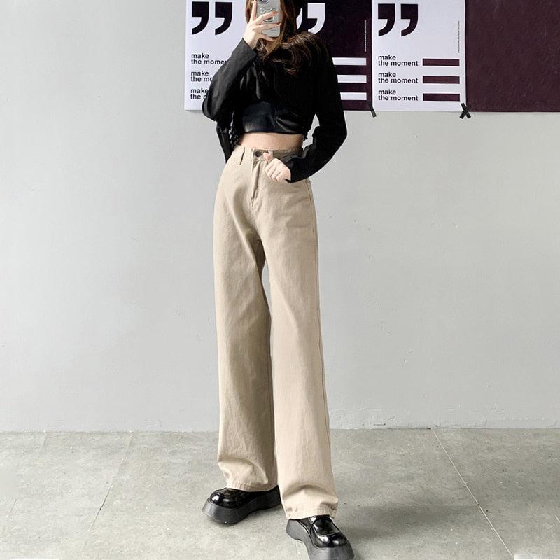 Cream High-Waisted Straight-Leg Denim Pants