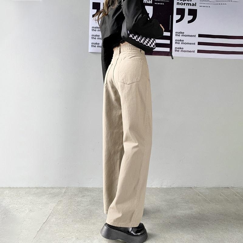 Cream High-Waisted Straight-Leg Denim Pants