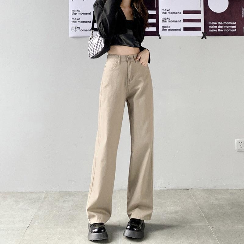 Cream High-Waisted Straight-Leg Denim Pants
