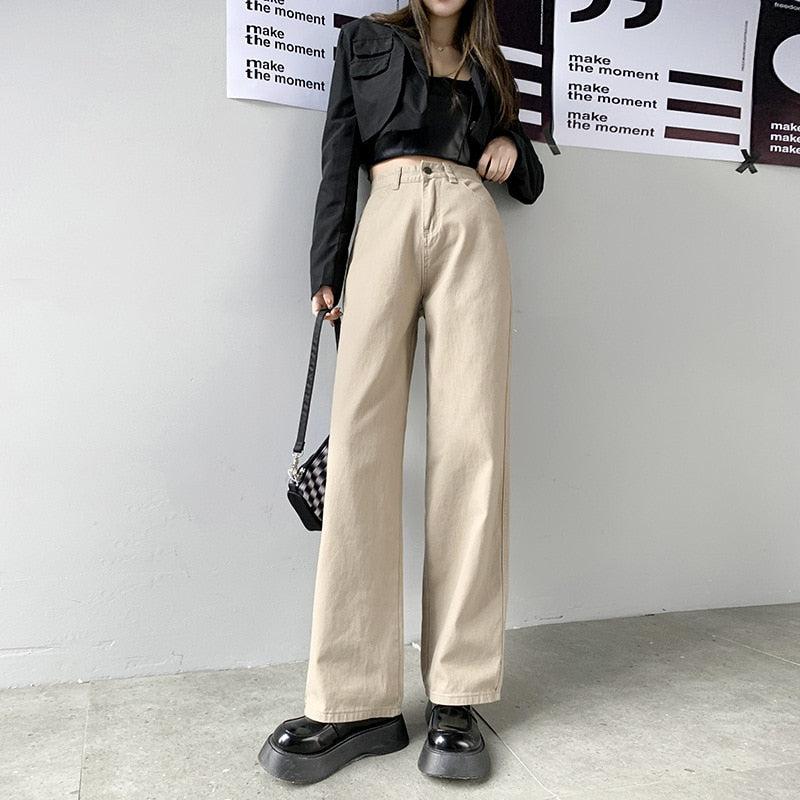 Cream High-Waisted Straight-Leg Denim Pants