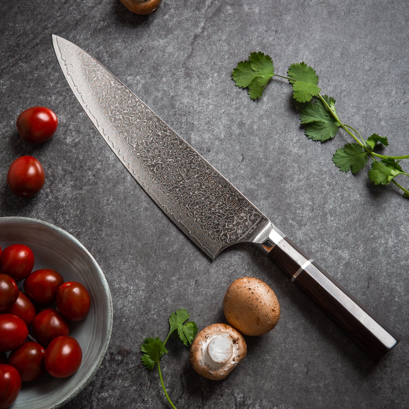 Damascus Steel Chef Knife with VG-10 Blade and Ebony Wood Handle – Japanese Kitchen Knife for Precision Cutting