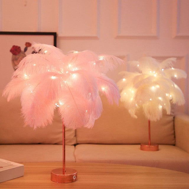 Elegant Ostrich Feather Table Lamp with Adjustable Branches – Battery Operated Cordless Design for Cozy Bedside or Living Room Lighting
