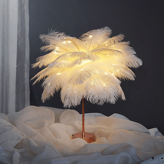 Elegant Ostrich Feather Table Lamp with Adjustable Branches – Battery Operated Cordless Design for Cozy Bedside or Living Room Lighting