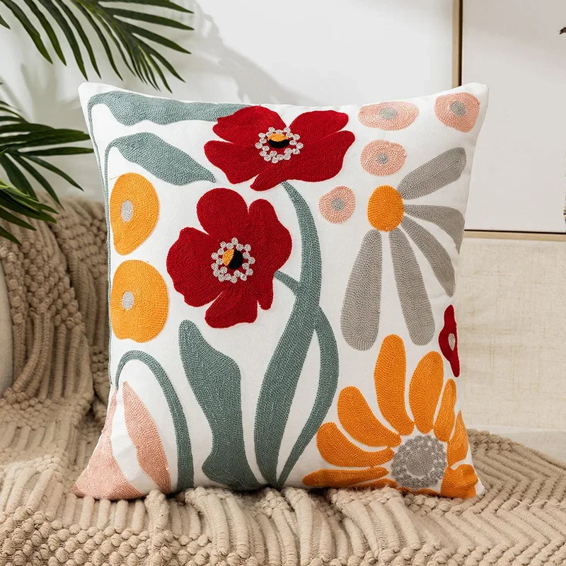Floral Embroidered Canvas Cushion Cover