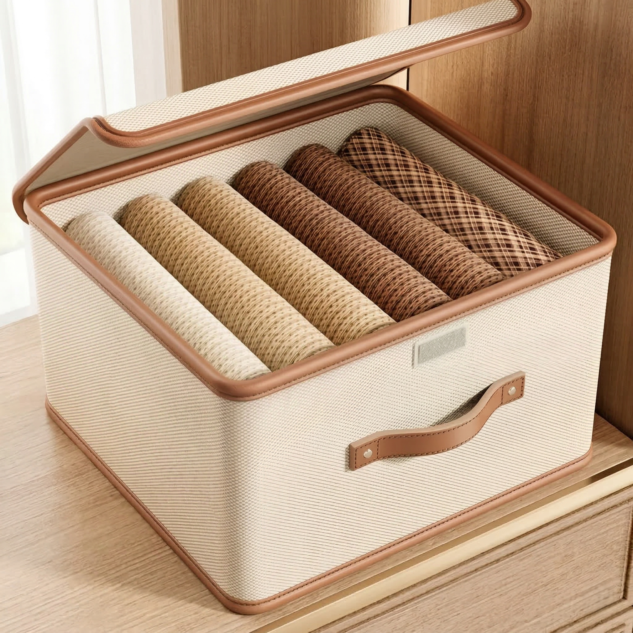 Foldable Storage Box with Lid – Textile Organizer with Handles for Clothes and Household Items