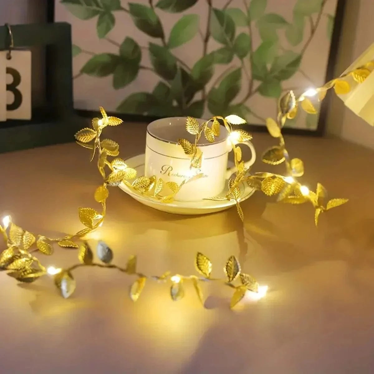 Gold Leaf LED String Lights – Battery Operated Outdoor Party Lights for Home Decor, Warm White Glow, IP65 Waterproof, Multiple Lengths