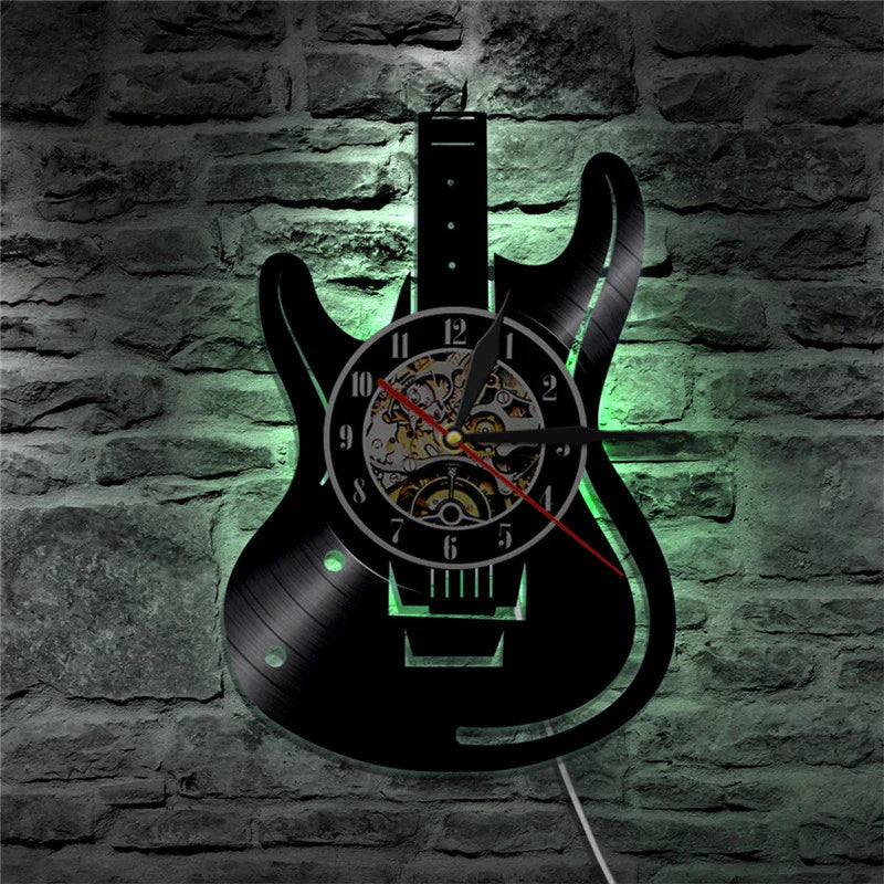 Guitar Vinyl Wall Clock with LED Options – Unique Music-Inspired Design for Music Lovers, Durable and Stylish