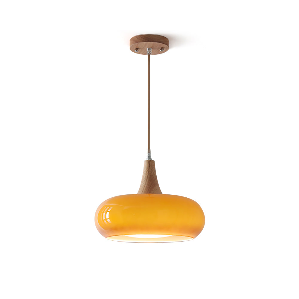 Hailie Pendant Lamp with Glass Shade and Wooden Accents – Modern Ceiling Light for Indoor Use