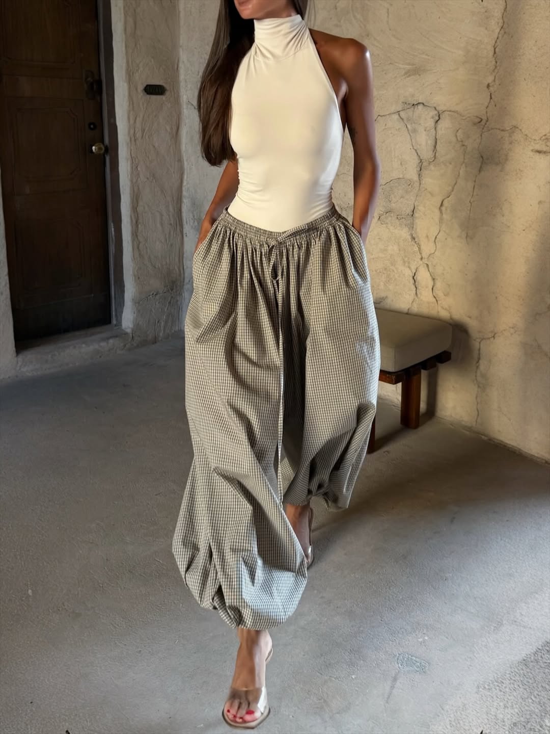 Women's Khaki Wide-Leg Pants