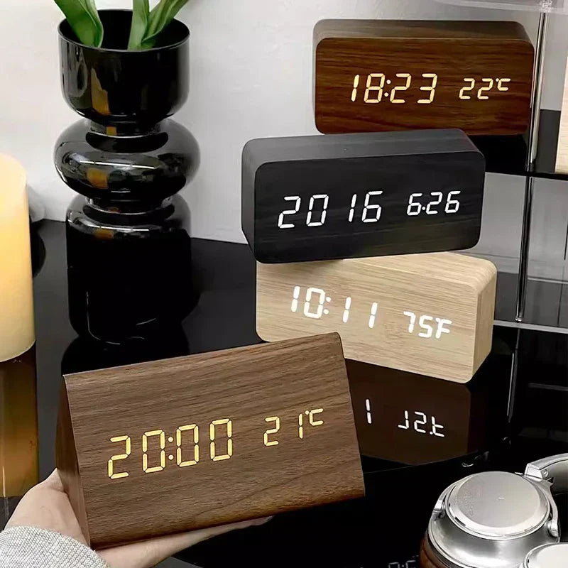 LED Smart Alarm Clock with Voice Control, Wooden Design Digital Display and Temperature Function