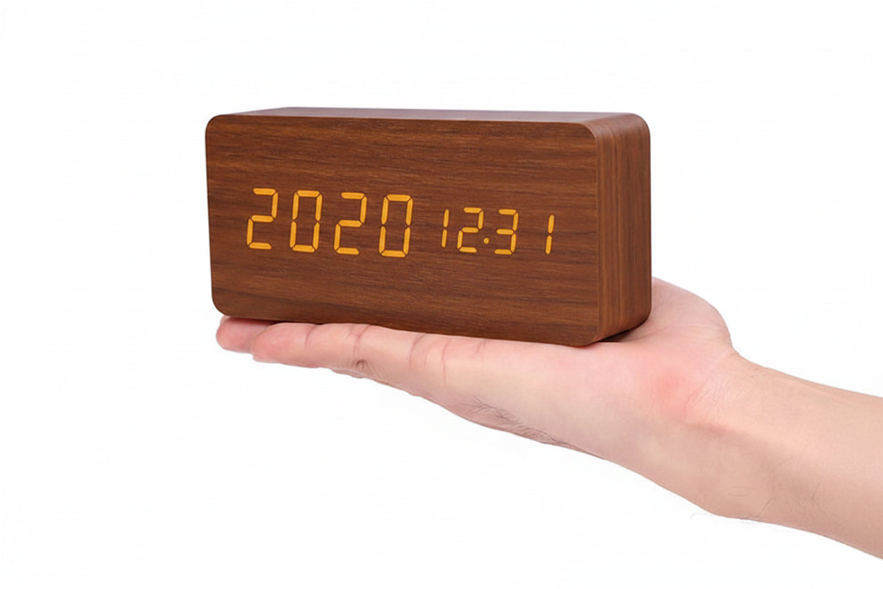 LED Smart Alarm Clock with Voice Control, Wooden Design Digital Display and Temperature Function
