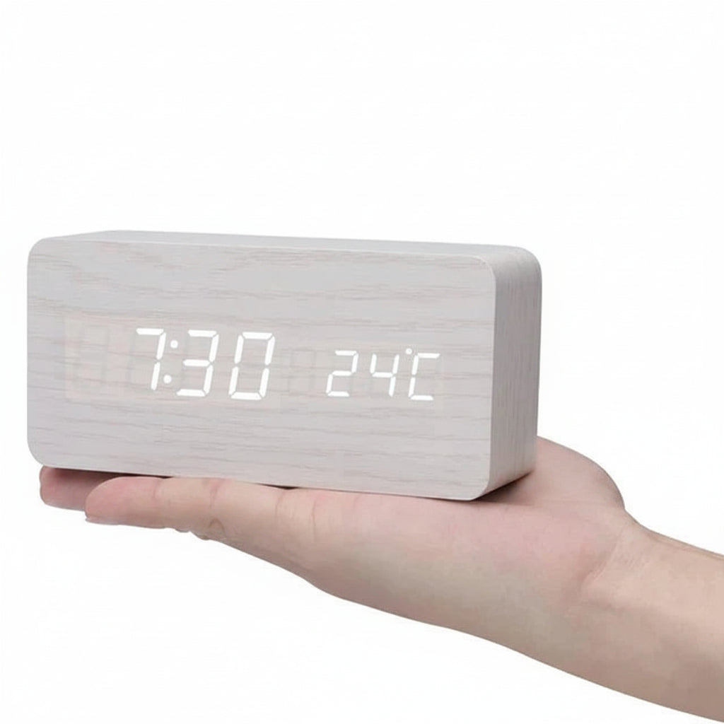 LED Smart Alarm Clock with Voice Control, Wooden Design Digital Display and Temperature Function