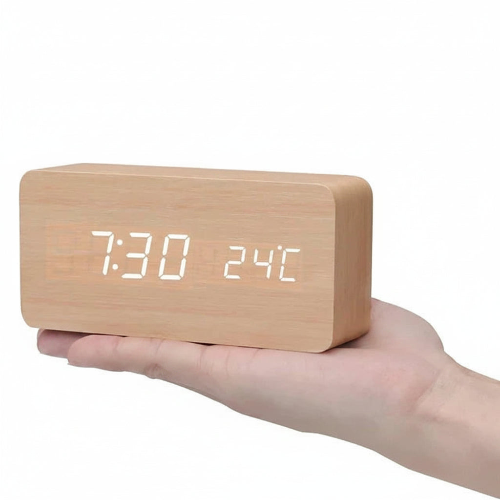 LED Smart Alarm Clock with Voice Control, Wooden Design Digital Display and Temperature Function