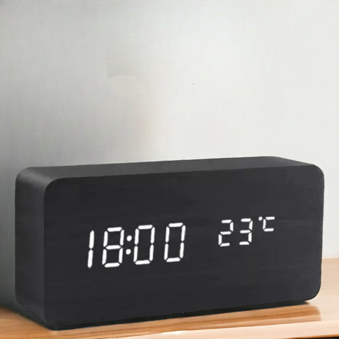 LED Smart Alarm Clock with Voice Control, Wooden Design Digital Display and Temperature Function