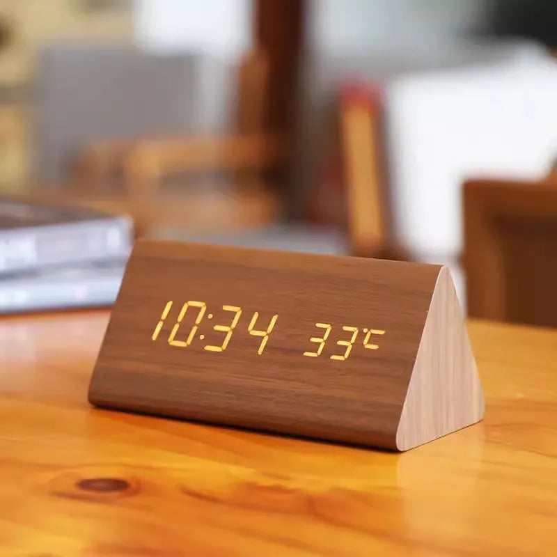 LED Smart Alarm Clock with Voice Control, Wooden Design Digital Display and Temperature Function