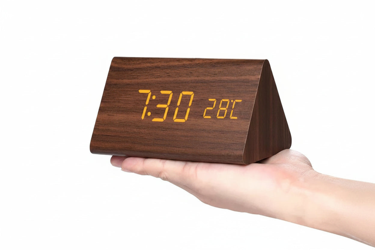 LED Smart Alarm Clock with Voice Control, Wooden Design Digital Display and Temperature Function