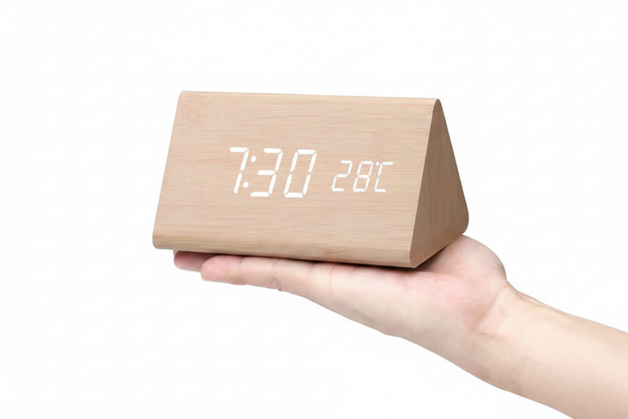 LED Smart Alarm Clock with Voice Control, Wooden Design Digital Display and Temperature Function