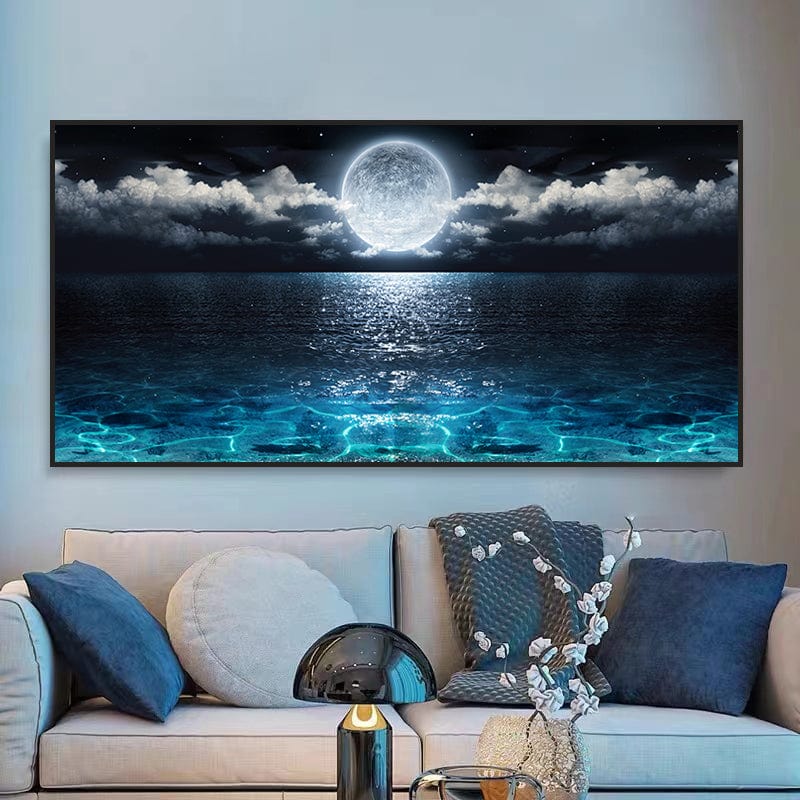 Limited Edition Moon Rise Art Print – Serene Full Moon Over Blue Waters – High-Quality Canvas Print for Home Décor