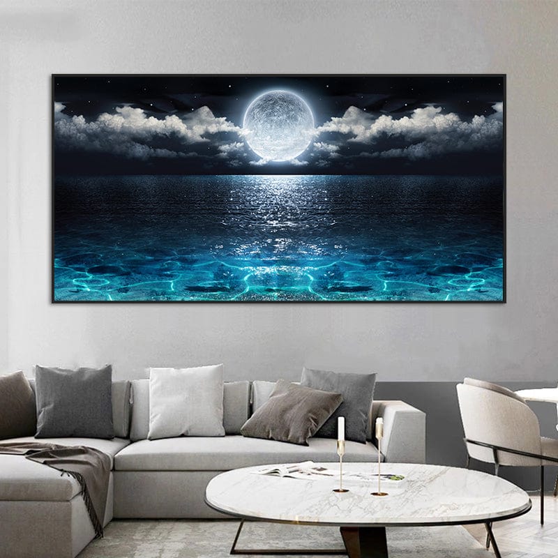 Limited Edition Moon Rise Art Print – Serene Full Moon Over Blue Waters – High-Quality Canvas Print for Home Décor
