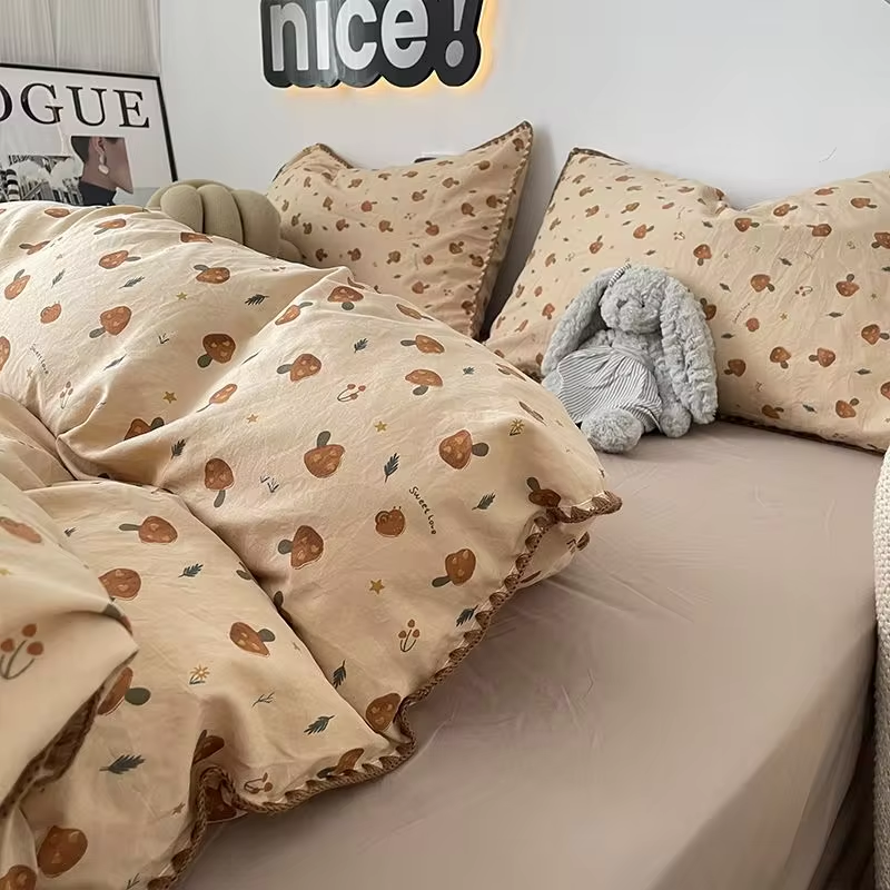 Brown Forest Mushroom Polyester Bedding Set with Vintage Autumn Design