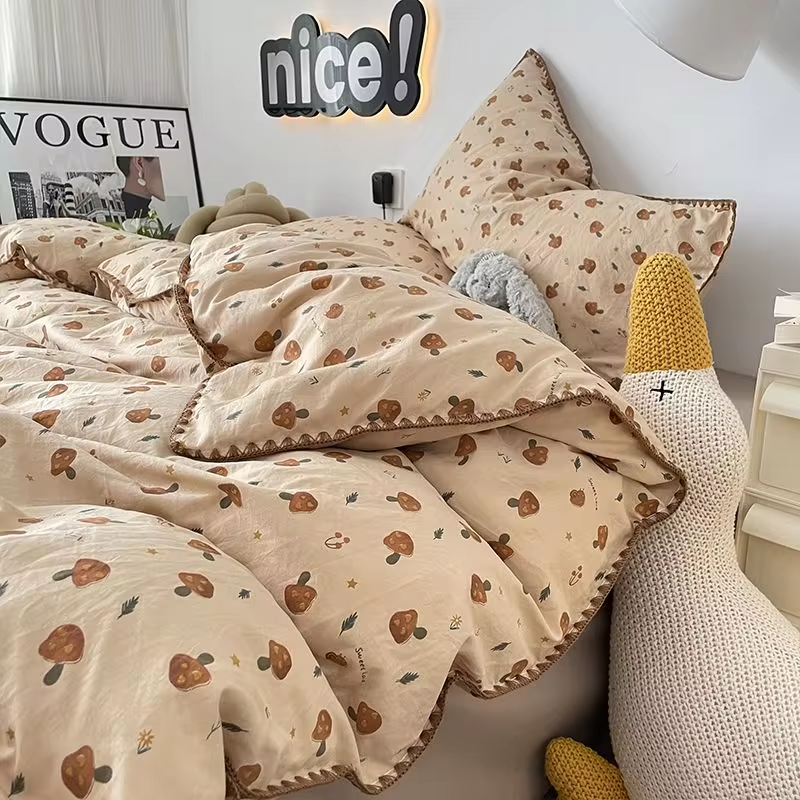 Brown Forest Mushroom Polyester Bedding Set with Vintage Autumn Design