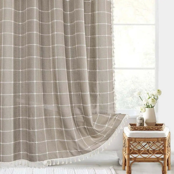 Linen Checked Shower Curtain with Tassel Trim