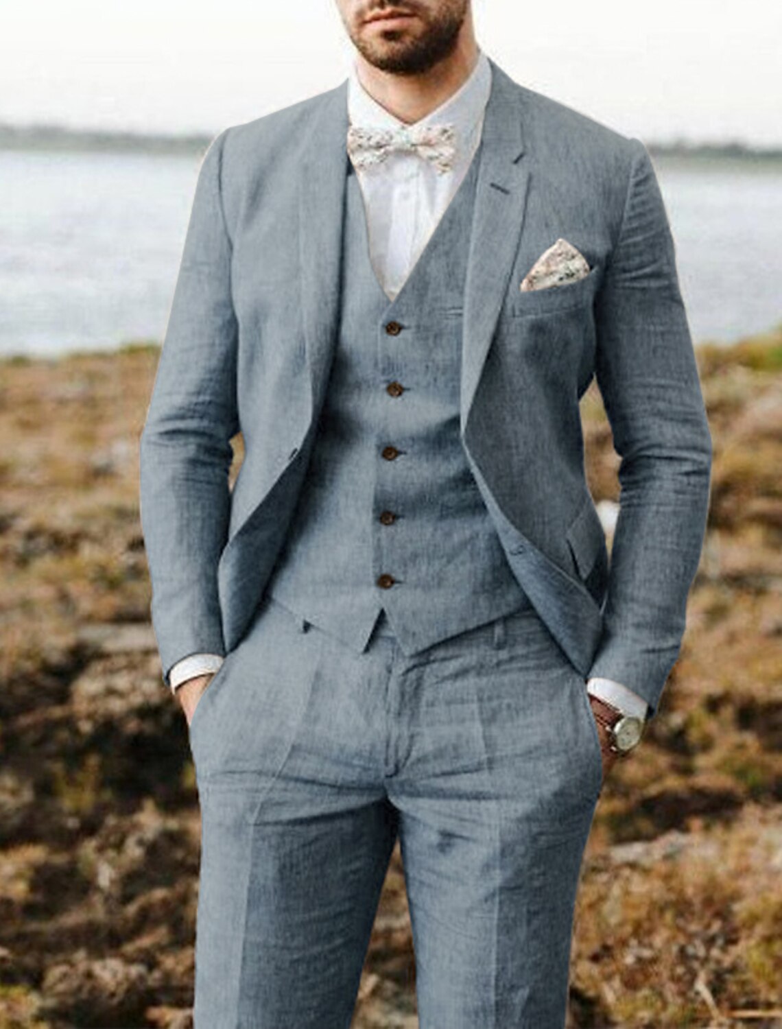 Men’s Cotton-Linen Three-Piece Suit
