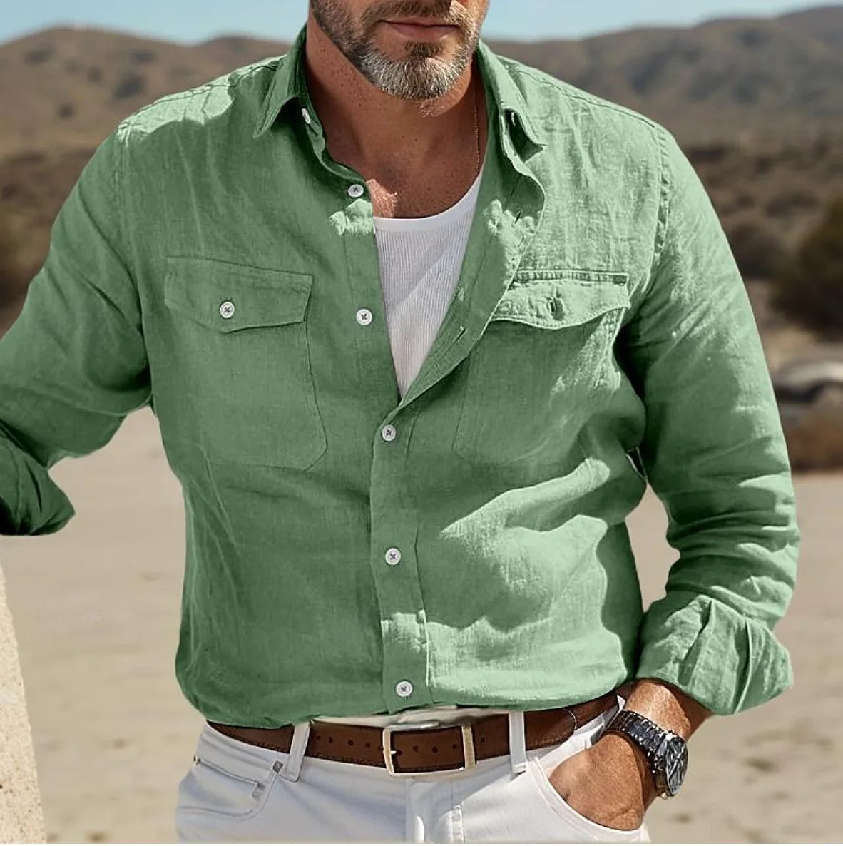 Men’s Linen Shirt with Chest Pockets