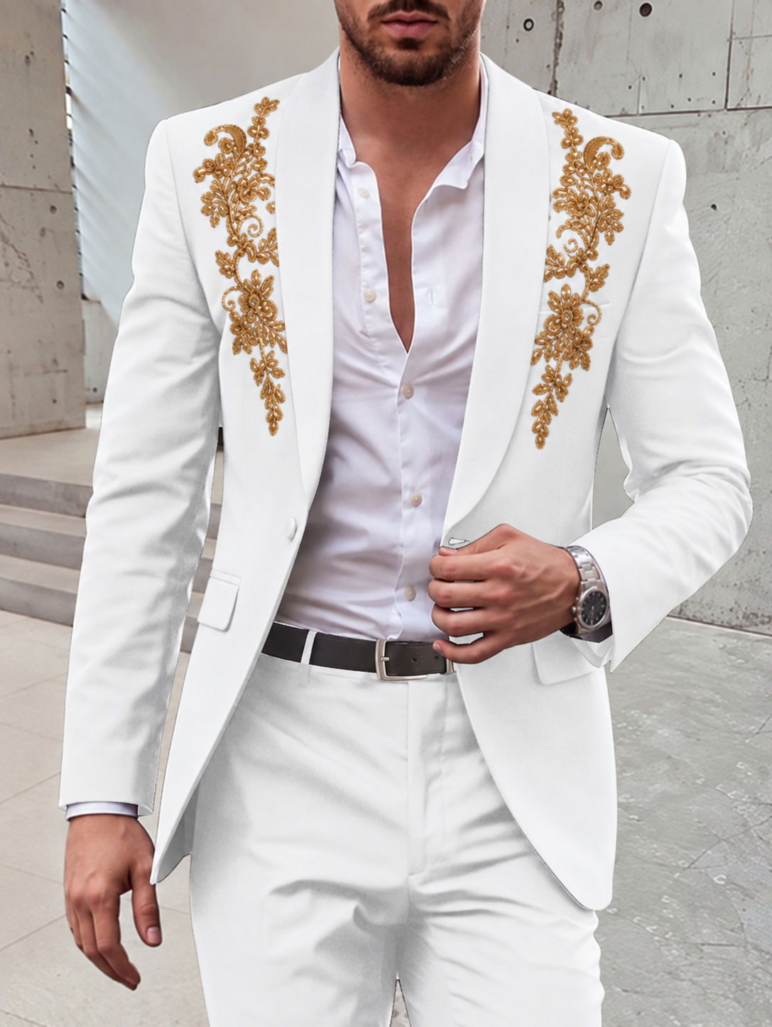 Men's Sequin Tuxedo Suit with Gold Embroidered Lapels