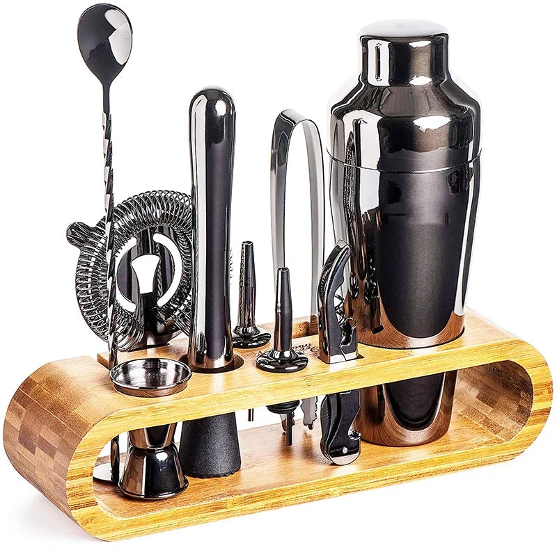 Metal Bartending Kit with Wooden Stand