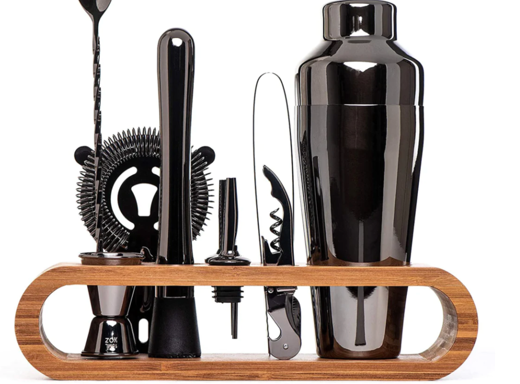 Metal Bartending Kit with Wooden Stand