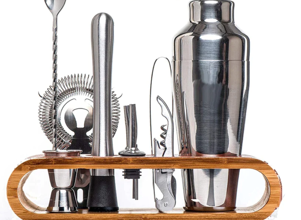 Metal Bartending Kit with Wooden Stand
