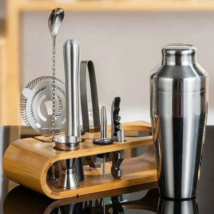 Metal Bartending Kit with Wooden Stand