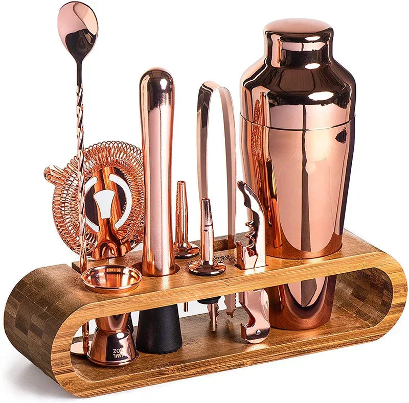 Metal Bartending Kit with Wooden Stand