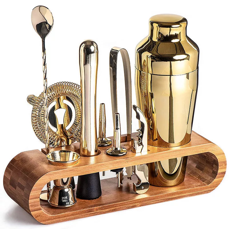 Metal Bartending Kit with Wooden Stand