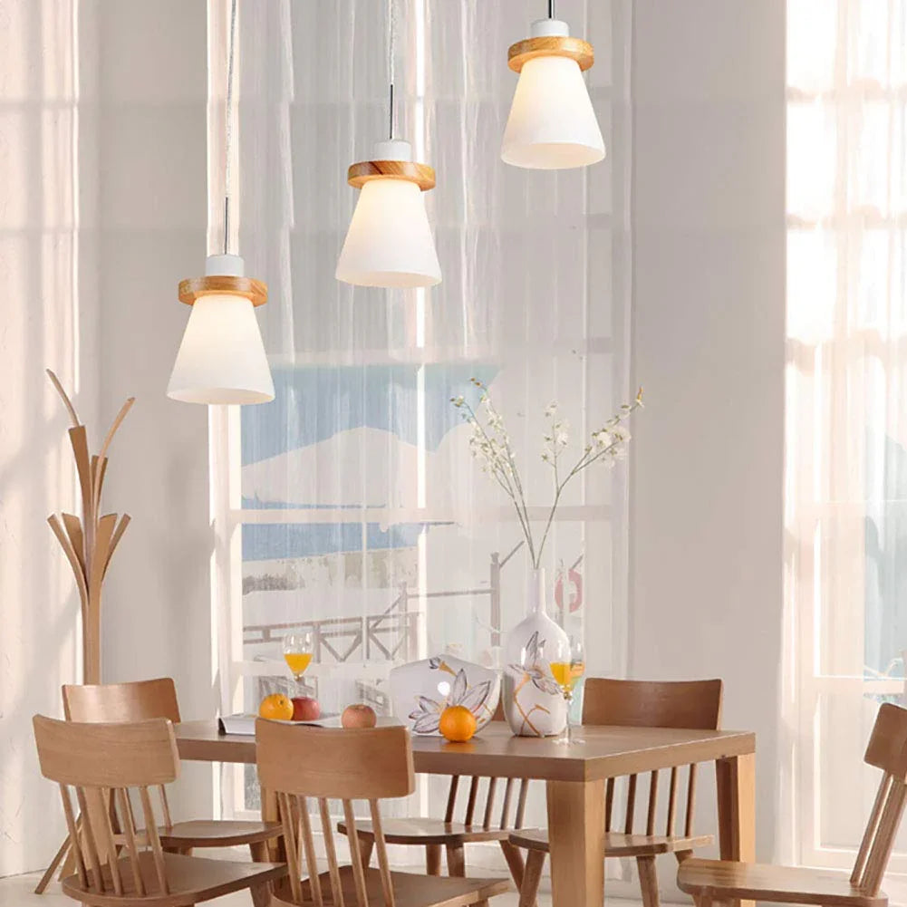 Minimalist Trapezoid Pendant Light in White Wood and Glass – Stylish Kitchen Pendant Lighting for Bedroom, Dining, and Living Room