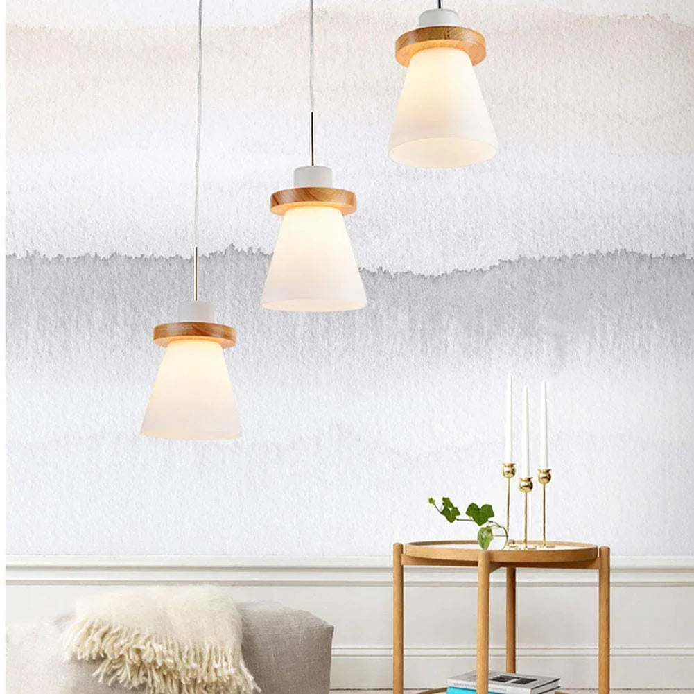 Minimalist Trapezoid Pendant Light in White Wood and Glass – Stylish Kitchen Pendant Lighting for Bedroom, Dining, and Living Room