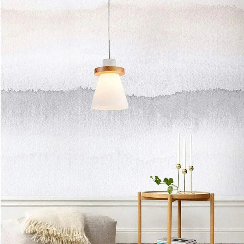 Minimalist Trapezoid Pendant Light in White Wood and Glass – Stylish Kitchen Pendant Lighting for Bedroom, Dining, and Living Room
