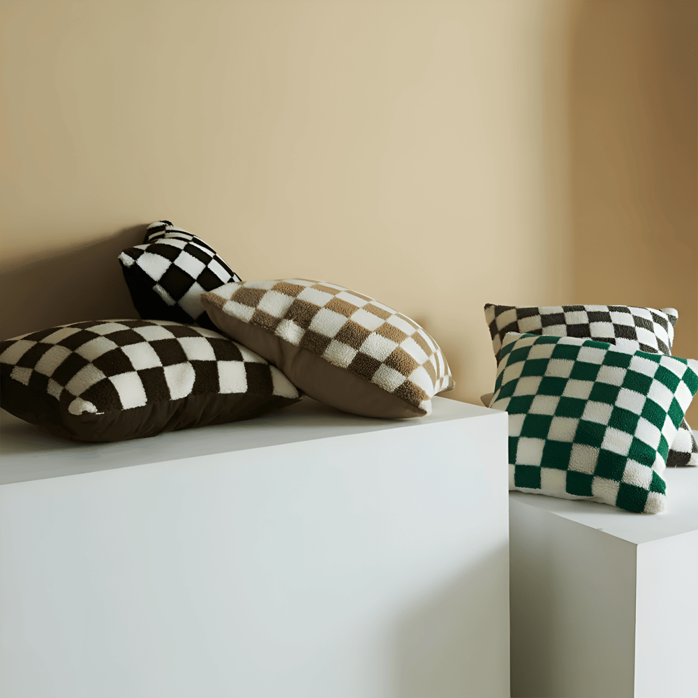 Modern Checkered Cushion Cover in Green and Coffee Brown – Soft Polyester with Hidden Zipper for Stylish Home Decor