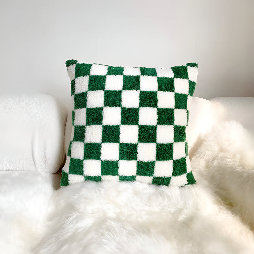 Modern Checkered Cushion Cover in Green and Coffee Brown – Soft Polyester with Hidden Zipper for Stylish Home Decor